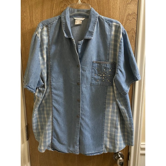 Vintage Alexa EM 80s Denim Button Down Short Sleeve Shirt Plaid Embellished XL - Picture 1 of 9